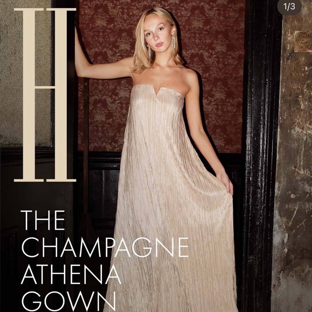 Strapless Champagne Maxi Dress with V-Notch Bodice